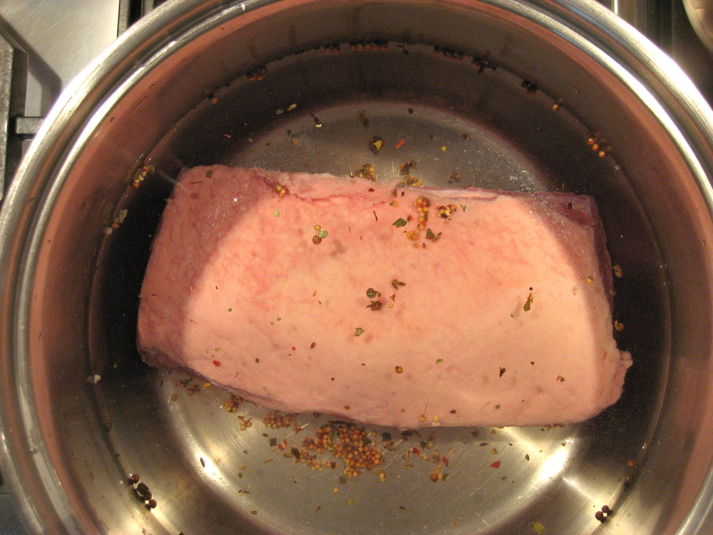  Simmer the corned beef fat side up for about 3-3 1/2 hours or until it is tender.  You can do this a day or so in advance and just refrigerate it in the cooking liquid. 