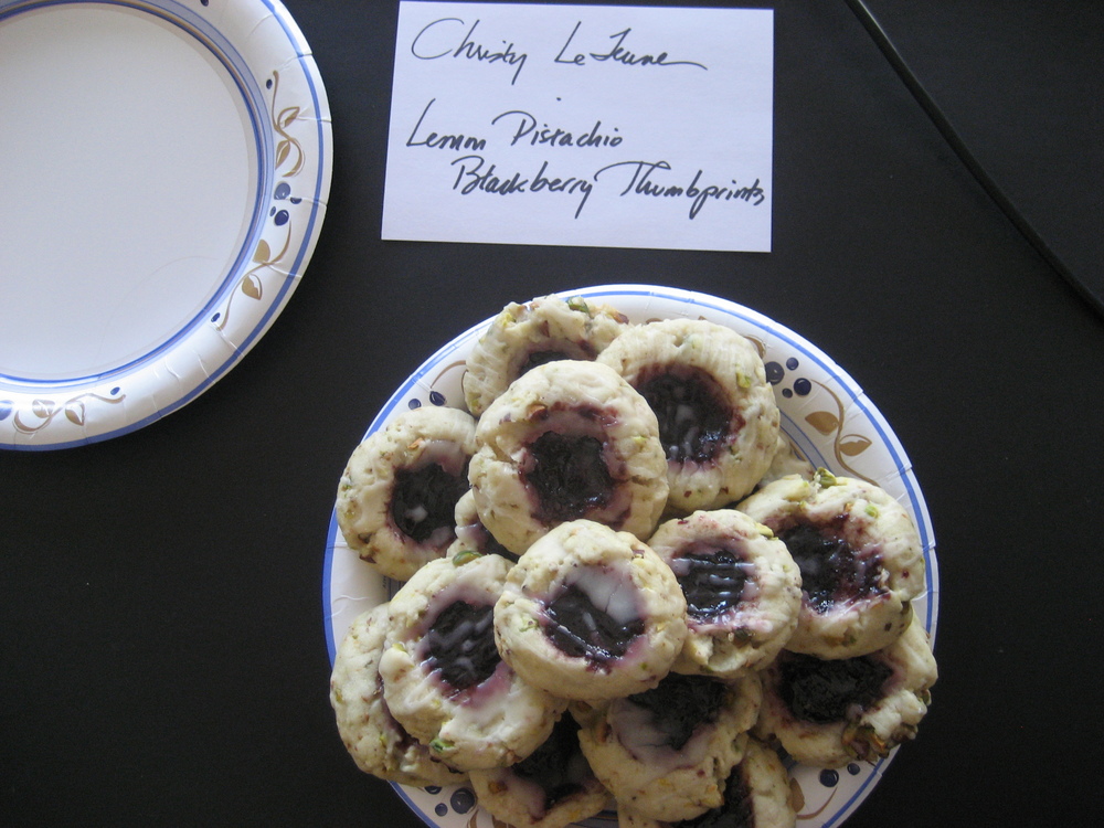  Christy Lejeune, Editor at Large, baked Joan Cossette's   Lemon Pistachio Blackberry Thumbprints  .  These large soft cookies had great texture and were bursting with flavor.  I loved the hint of lemon and that drizzle of honey glaze. 