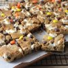 Peanut Butter S'mores Cookie Bars - close up photo of bars cut and one on spatula