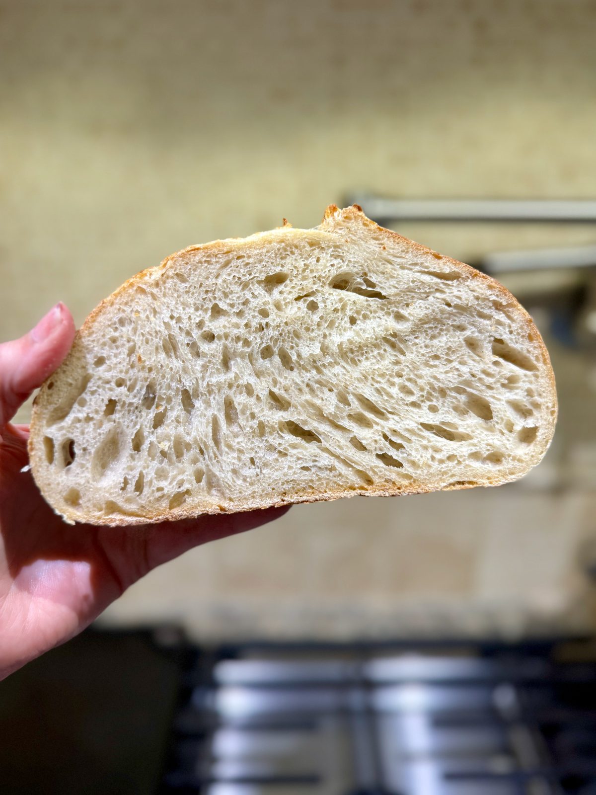 Inside view of homemade stand mixer sourdough boule. stovetop and pot filler in background.