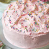 Pastel pink frosted cake with festive colorful sprinkles on top. Smooth sides of cake with fluffy swirls on top. Homemade style. Cake is on a glass pedestal with a stack of plates, forks and the bloom of a pink hydrangea in the background.