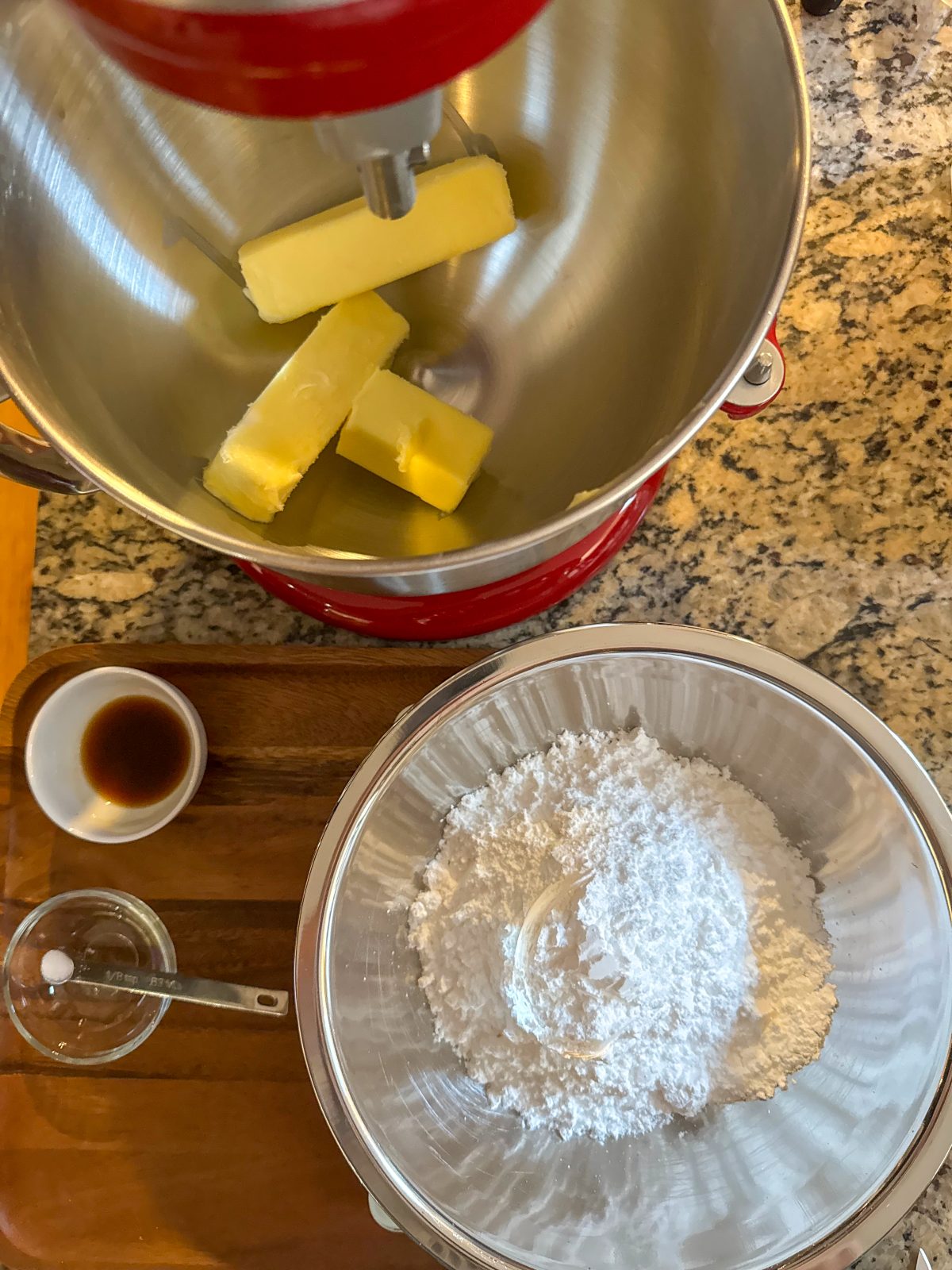 
 and ingredients for frosting, butter, powdered sugar, vanilla and salt.