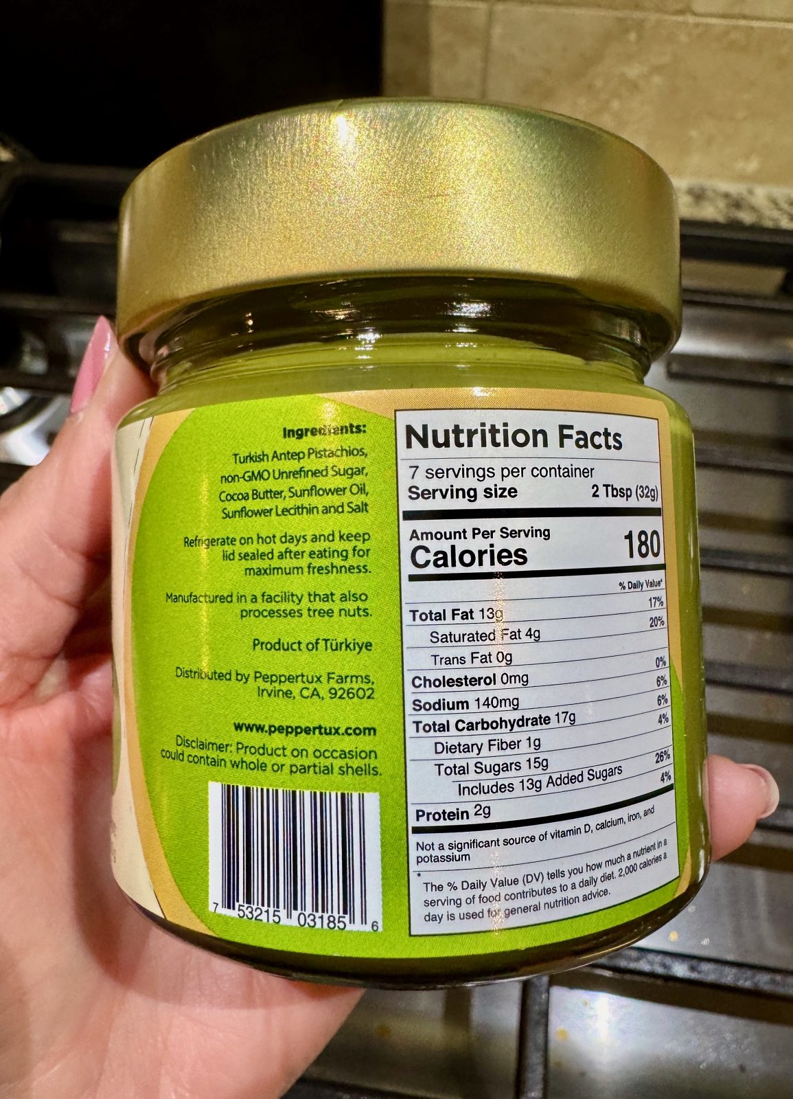 Jar of Turkish Pistachio Cream - the back of the jar showing the ingredients.