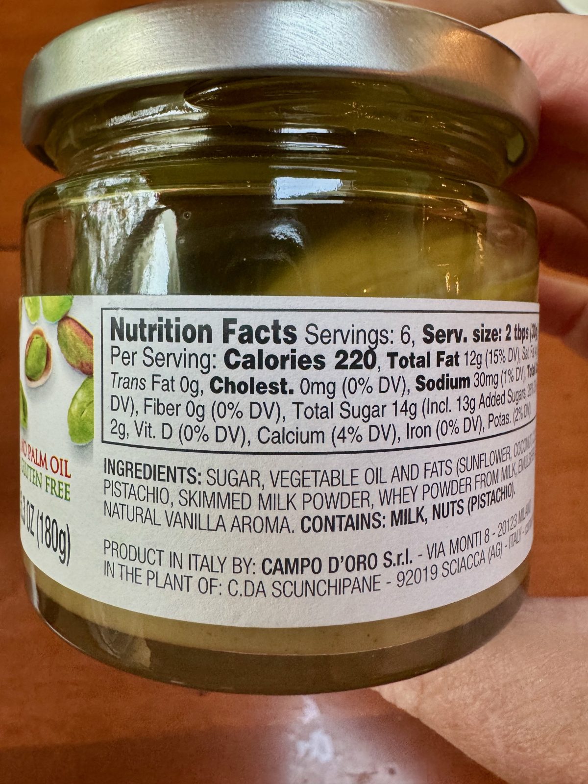 Jar of Campo D'Oro Pistachio Butter - Showing the back of the label with the ingredients