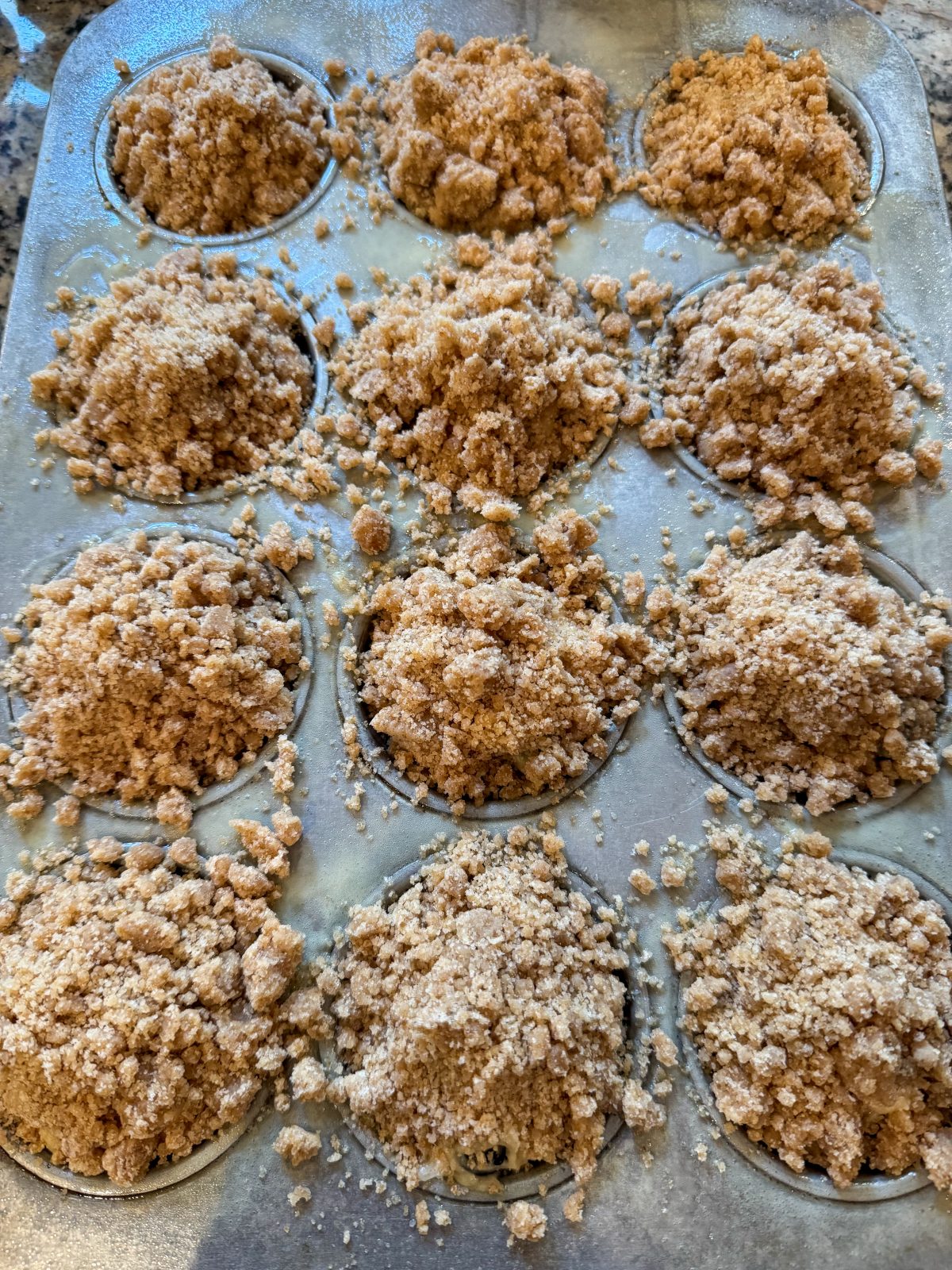 Recipe Photo - Blueberry Muffins with Cinnamon Streusel and Maple Glaze. Portrait orientation showing 12-cup muffin baking tin filled with scoops of batter and streusel topping spilling out over the muffin pan.