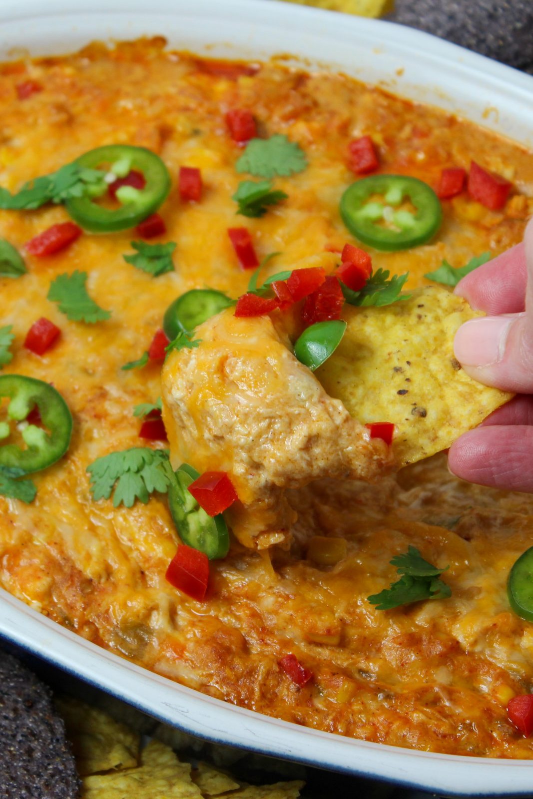 Recipe Photo for Chicken Enchilada Dip. Overhead shot of baked dip in oval stoneware baker surrounded by multi colored tortilla chips. Dip is covered in cheddar cheese and sprinkled with sliced jalapeños, diced red bell peppers and a sprinkle of cilantro. A hand is scooping into the dip with a tortilla chip