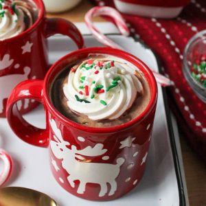 Recipe Photo for Frozen Marshmallow Whipped Cream Cocoa Toppers. Portrait orientation photo shows red moose mugs with cocoa and the frozen toppers floating on the cocoa. The mugs are on a vintage enamel tray with gold spoons and candy canes. In the background is a small bowl with green crinkle cookies and a small jar with milk.