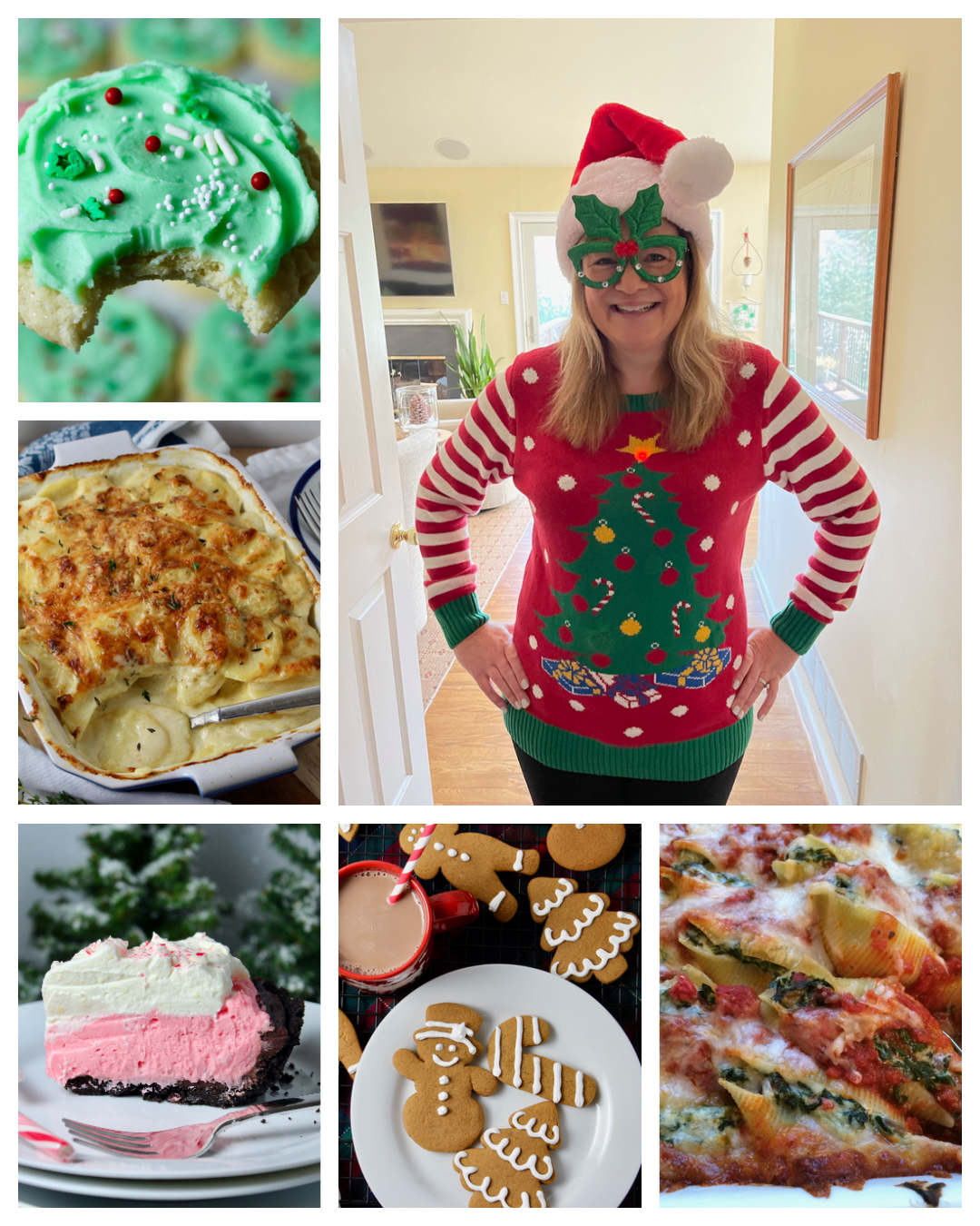 Collage photo featuring foods from our Christmas Menu. Large photo is myself, Tina Verrelli. Surrounding photos are frosted sugar cookies, potatoes au gratin, north pole pie, gingerbread cutout cookies and holiday stuffed shells