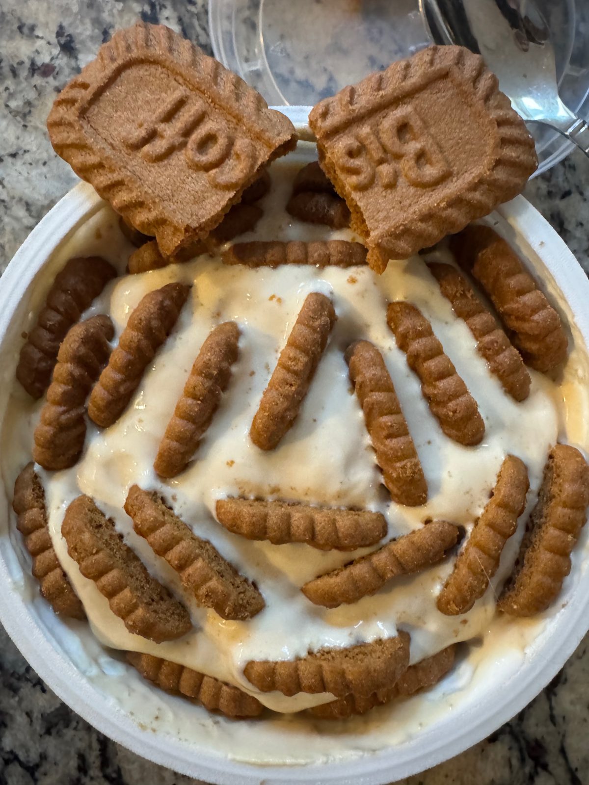 recipe image for Viral Greek Yogurt Biscoff Cheesecake (tiramisu version) Shows top view of yogurt tub with biscoff cookies inserted into it