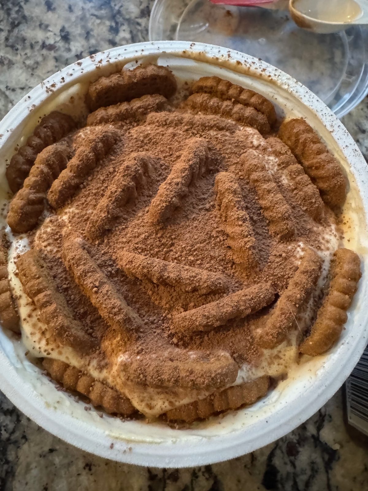 recipe image for Viral Greek Yogurt Biscoff Cheesecake (tiramisu version) Shows top view of yogurt tub with biscoff cookies inserted into it and sprinkled with cocoa powder